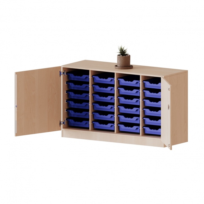 ErgoTray Schrank, 4reihig, 2 OH, zweitürig, fahrbar, mit 24 flachen Boxen, B/H/T 138,7x82x50cm 